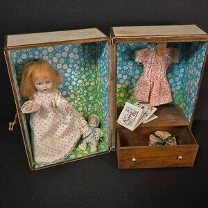 Vintage Miniature Bisque Porcelain Jointed Doll Set Wardrobe Case & Accessories